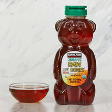 Bear-shaped organic raw honey bottle with green cap beside a small bowl of honey.