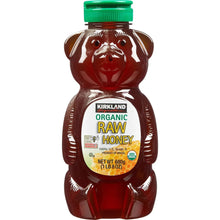 Single bear-shaped organic raw honey bottle with green cap and front label.