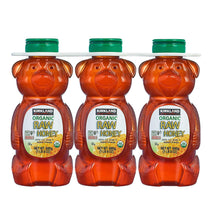 Three bear-shaped organic raw honey bottles with green caps, amber-brown honey.