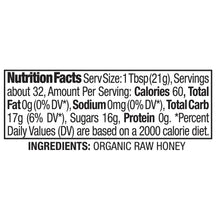 Nutrition Facts and ingredients label for organic raw honey.