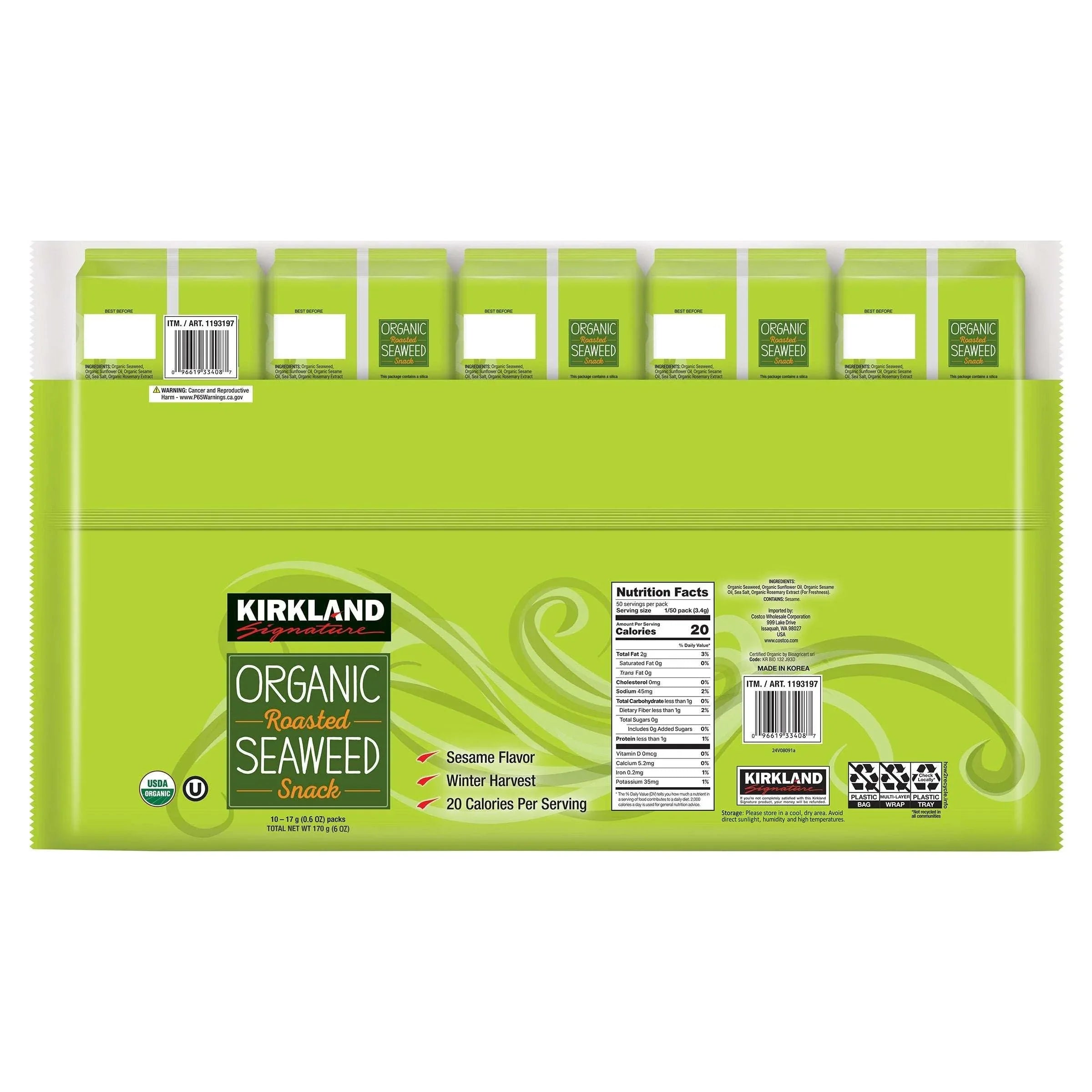Kirkland Signature Organic Roasted Seaweed, 0.6 oz, 10-count - USA MEGA SHOP