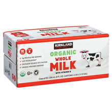 Kirkland Signature organic whole milk case carton, front label with cow graphic