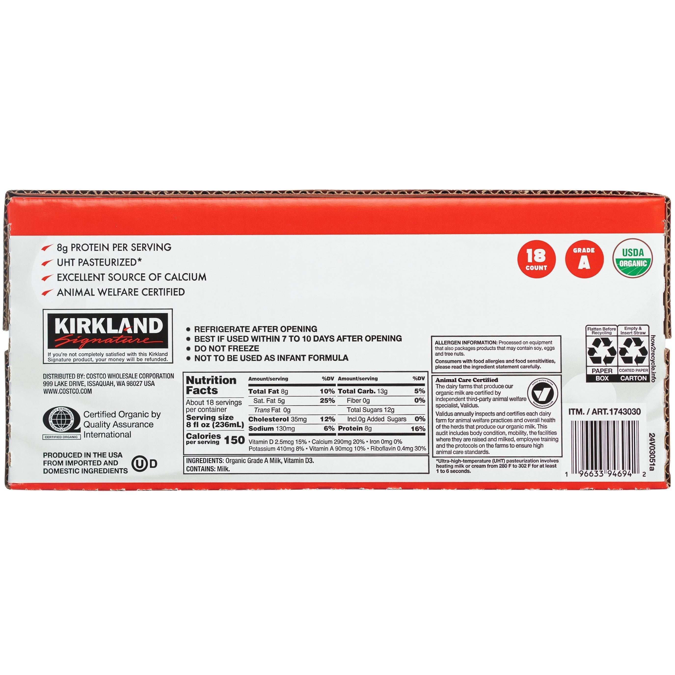 Kirkland Signature Organic Whole Milk, 8 fl oz, 18-count