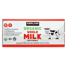 Kirkland Signature organic whole milk carton case, 18 count, red and white
