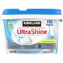 Dishwasher detergent pacs container, white with blue lid, UltraShine lemon citrus scent.