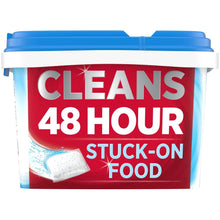 Dishwasher detergent pacs tub label, blue and red, cleans 48-hour stick-on food.