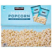 Sea salt popcorn 36-count carton with Kirkland bags and kernels