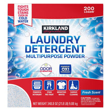 Laundry detergent powder box, blue and red packaging, 200 loads, fresh scent