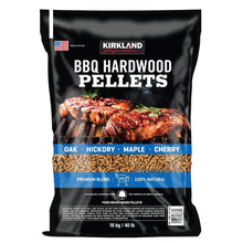 Kirkland BBQ hardwood pellets bag, premium blend with oak, hickory, maple, cherry
