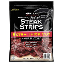 Kirkland Signature extra thick steak strips bag with “Steak Strips” label