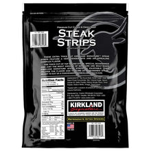 Kirkland Signature steak strips bag back with nutrition facts and ingredients