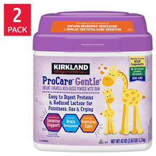 Purple infant formula powder canister with front label and giraffe illustrations