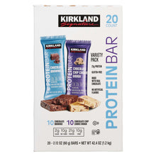 Protein bar variety pack box showing chocolate brownie and cookie dough bars