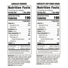Nutrition Facts panels for chocolate brownie and chocolate chip cookie dough bars