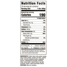 Nutrition Facts panel listing calories, fat, carbs, protein, and daily values