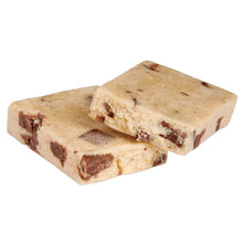 Protein bar slices, light tan with dark chocolate chip pieces