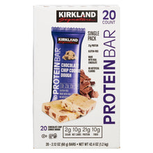 Kirkland Signature protein bar box front with single pack chocolate chip cookie dough