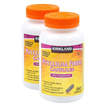 Kirkland psyllium fiber capsules bottle, white with orange cap and purple label