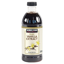 Kirkland Signature pure vanilla extract bottle, dark amber liquid, front label