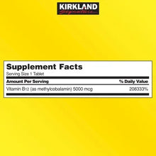 Vitamin B12 supplement facts label, serving size 1 tablet, 5000 mcg