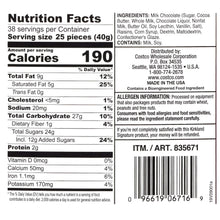 Nutrition Facts panel with serving size and ingredient information on chocolate raisin jar