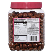 Jar back label with Nutrition Facts and dark brown milk chocolate raisins