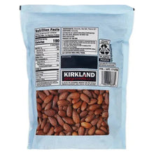 Roasted almonds with sea salt pouch back label and nutrition facts, almonds visible through window
