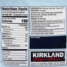 Roasted almonds nutrition facts and ingredients panel on pouch, Kirkland Signature branding