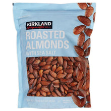 Roasted almonds with sea salt pouch, Kirkland Signature branding, almonds visible through window