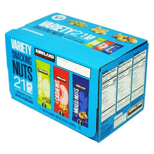 Side of variety snacking nuts box with product panels and nutrition table