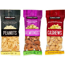 Snacking nuts pouches: peanuts, almonds, and cashews in three colors