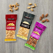 Snacking nuts variety pack pouches: cashews, peanuts, and almonds