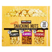 Snacking nuts variety pack box showing peanuts, almonds, and cashews (30 pack)