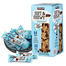 Granola bar box with individually wrapped bars, blue wrappers with chocolate chips