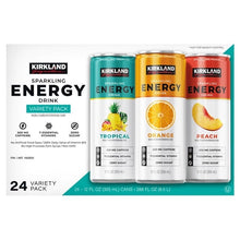 Variety pack box showing three sparkling energy flavors: tropical, orange, and peach