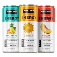 Three Kirkland Signature Sparkling Energy cans: tropical, orange, and peach, 12 fl oz