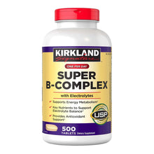 Kirkland Signature Super B-Complex supplement bottle, red cap, front label, 500 tablets