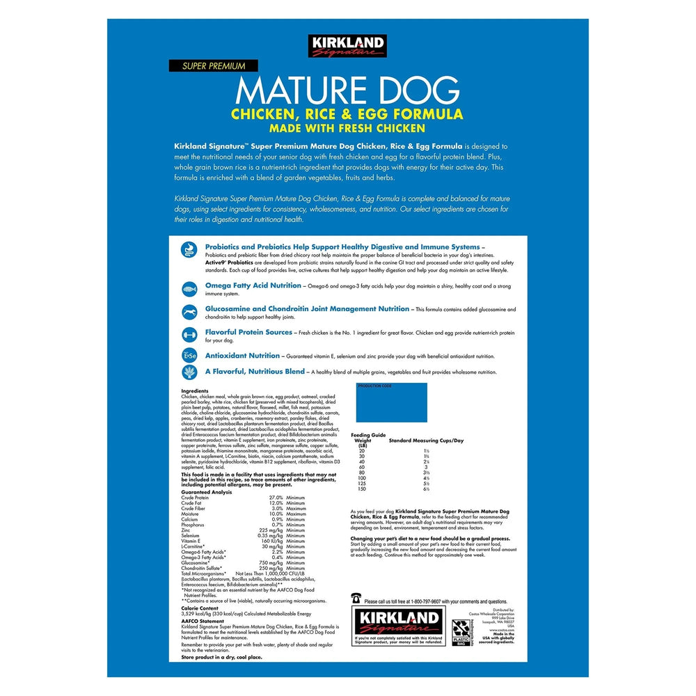 Kirkland Signature Super Premium Mature Dog Food, Chicken, Rice & Egg, 25 lbs - USA MEGA SHOP