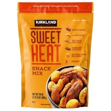 Orange Sweet Heat snack mix pouch with Kirkland logo and front text, 24 oz label.