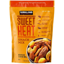 Orange Sweet Heat snack mix pouch with Kirkland logo and chili-seasoned snack illustration.