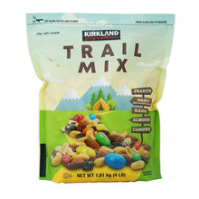 Kirkland Signature trail mix pouch with nuts and colorful candy pieces graphic