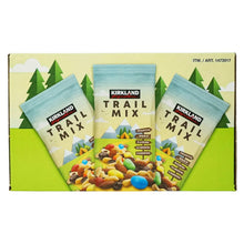 Trail Mix snack packs box with three blue pouches labeled Kirkland