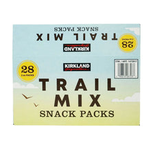 Kirkland Signature Trail Mix snack packs box, 28-count, bar code label
