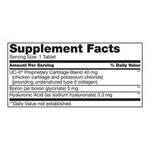 Supplement Facts label showing serving size 1 tablet and UC-II per serving