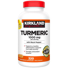 Turmeric 1000 mg supplement bottle, 320 vegetarian capsules, red cap, orange label