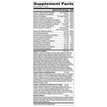 Supplement Facts label chart for organic multivitamin tablets, serving size 1 tablet