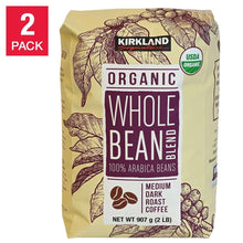 Whole bean organic coffee blend bag, Kirkland Signature, medium dark roast, 2 lb pack