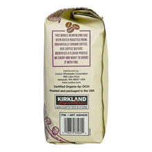 Whole bean organic coffee blend bag, Kirkland Signature, certified and batch-roast text