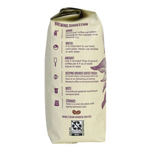 Whole bean organic coffee blend bag with brewing suggestion, water and amount notes