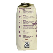 Whole bean coffee bag with brewing suggestion text and handling notes